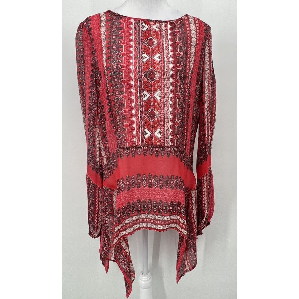 Sundance Embroidered Tunic Top Womens Sz S Red Asymmetrical Boho Sheer Festival